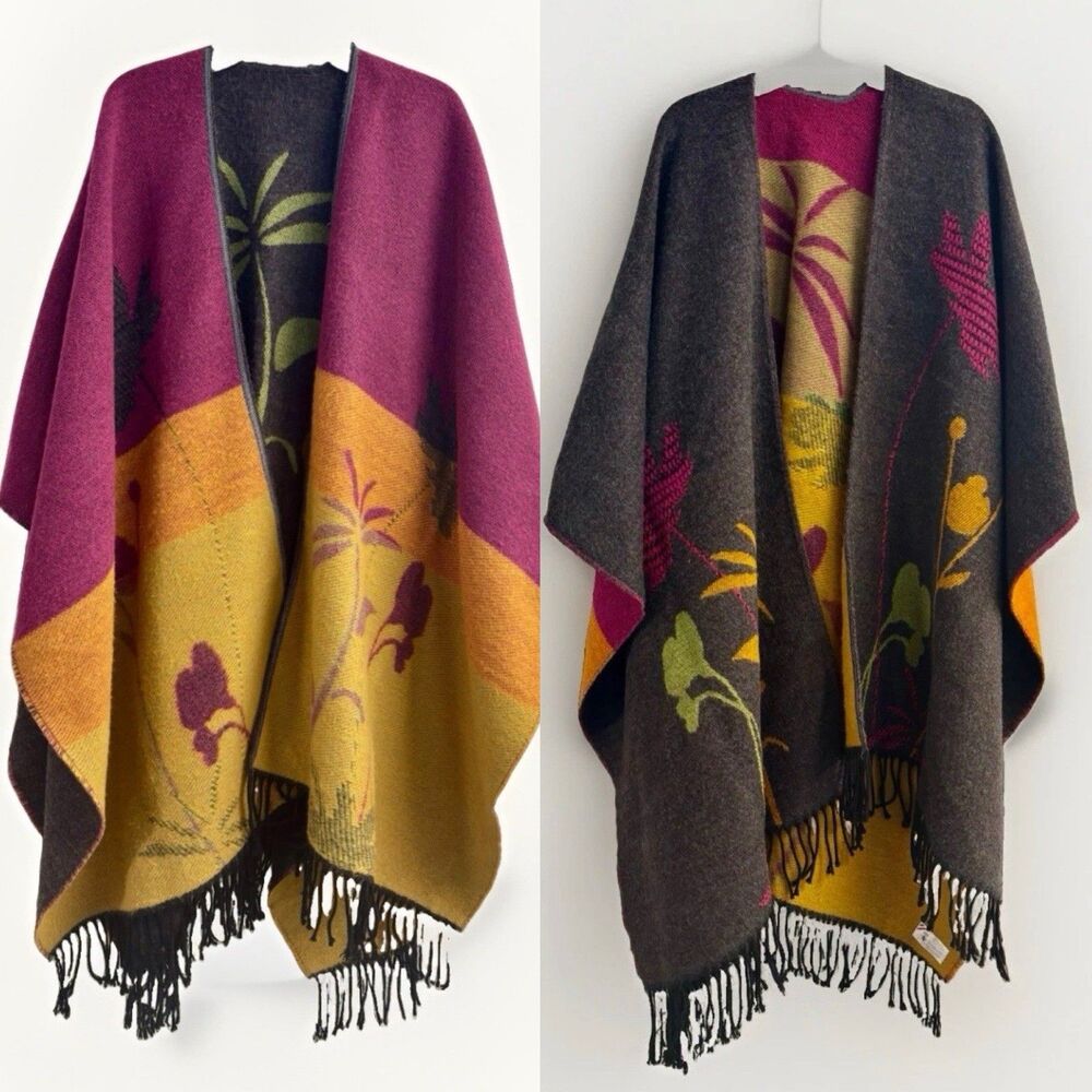 Made in France Soft Knit Poncho Wrap One Size REVERSIBLE Palmtree Sunset
